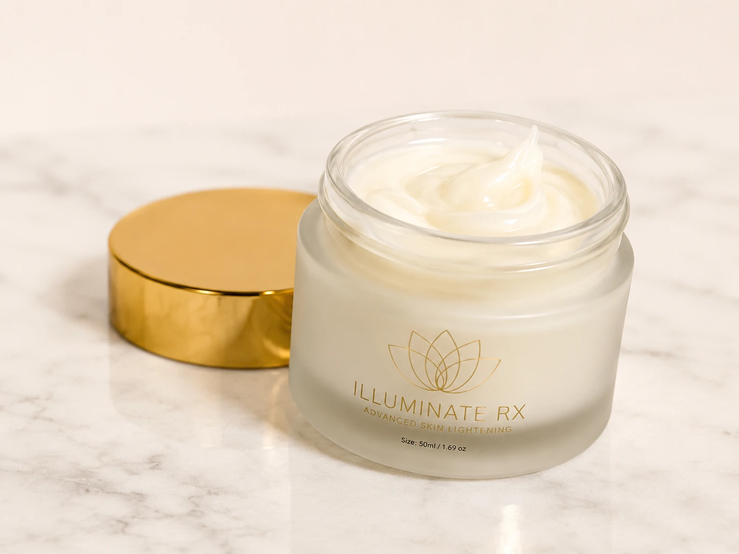 Open Illuminate Rx jar showing the cream and its gold lid.